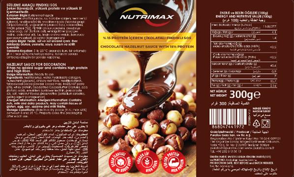Nutrimax Şekersiz Yüksek Proteinli Fındıklı Kakaolu Sos ürün etiketi